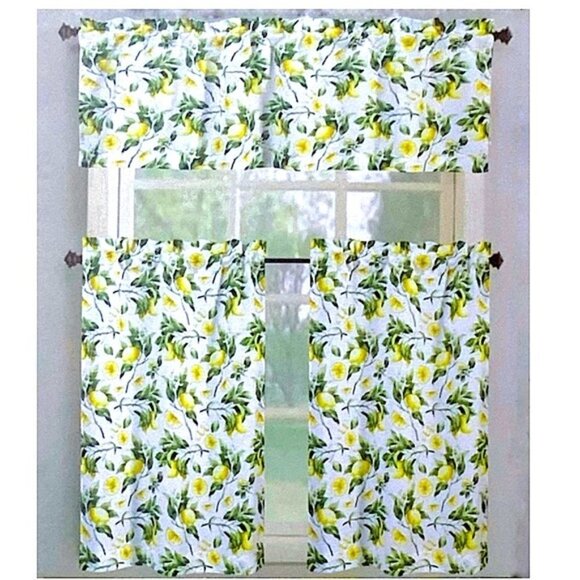 Tribeca Cafe Curtain Set Lemon Print 3 Piece Tier Set Fruit Floral White Yellow - Picture 15 of 15